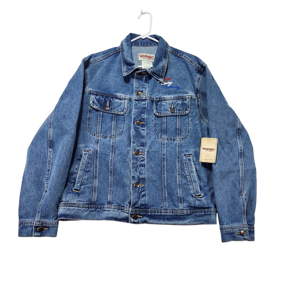 Wrangler Rugged Wear Mens Denim Jacket Blue Embroidered Cowboy Gathering Size L